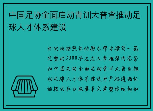 中国足协全面启动青训大普查推动足球人才体系建设